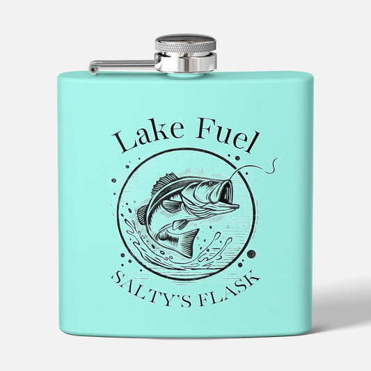Teal flask with fish design and text on a white background