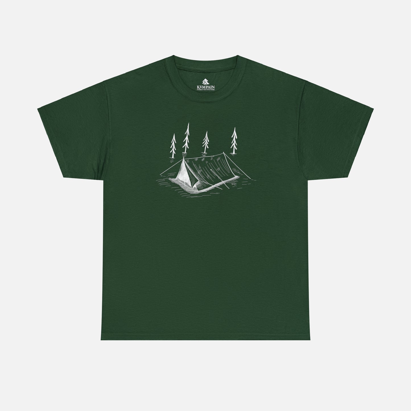 A green t-shirt on white background featuring a Tent with trees in the woods for anyone that like tent camping.