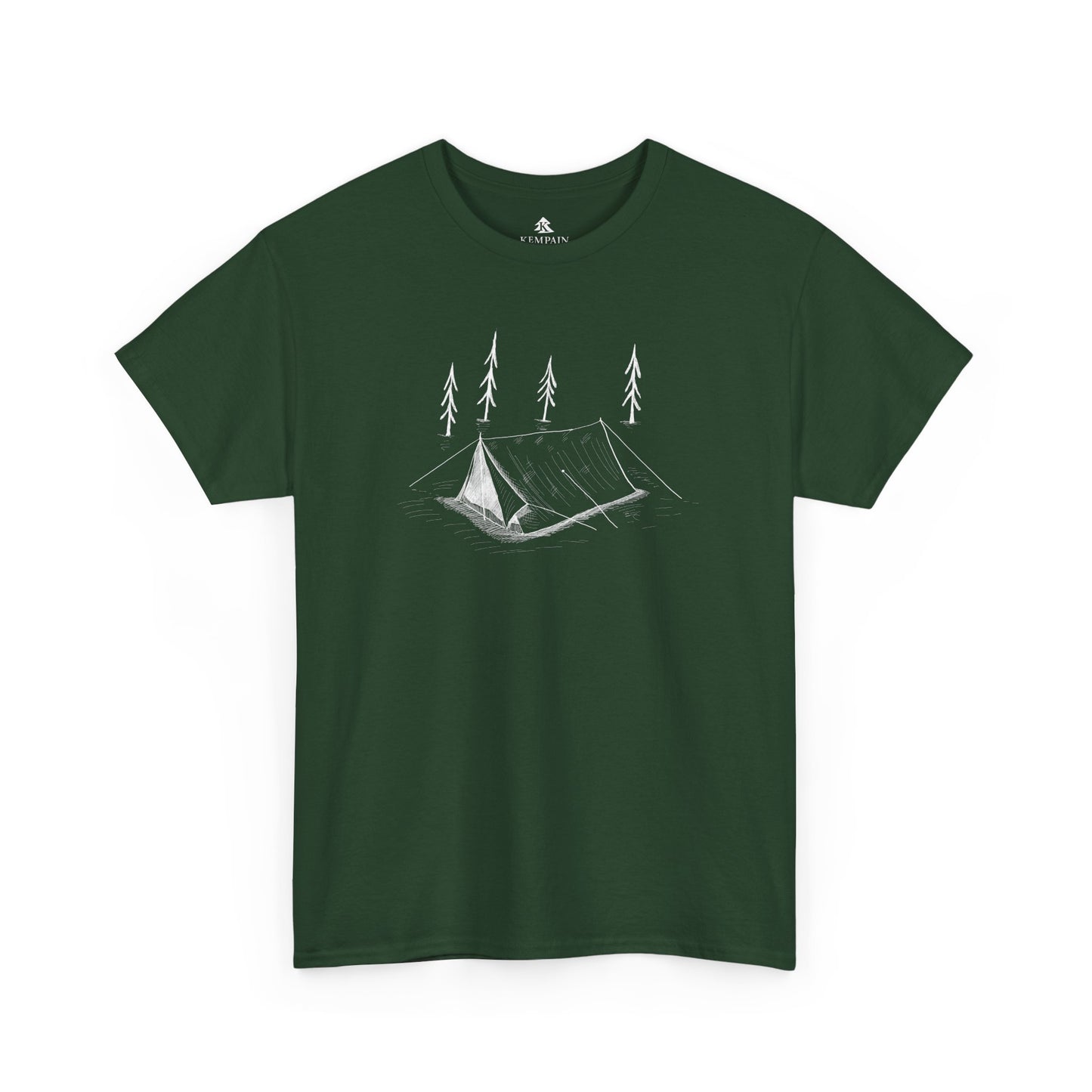 A green t-shirt on white background featuring a Tent with trees in the woods for anyone that like tent camping.