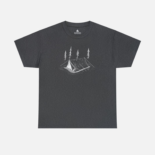 A grey t-shirt on white background featuring a Tent with trees in the woods for anyone that like tent camping.