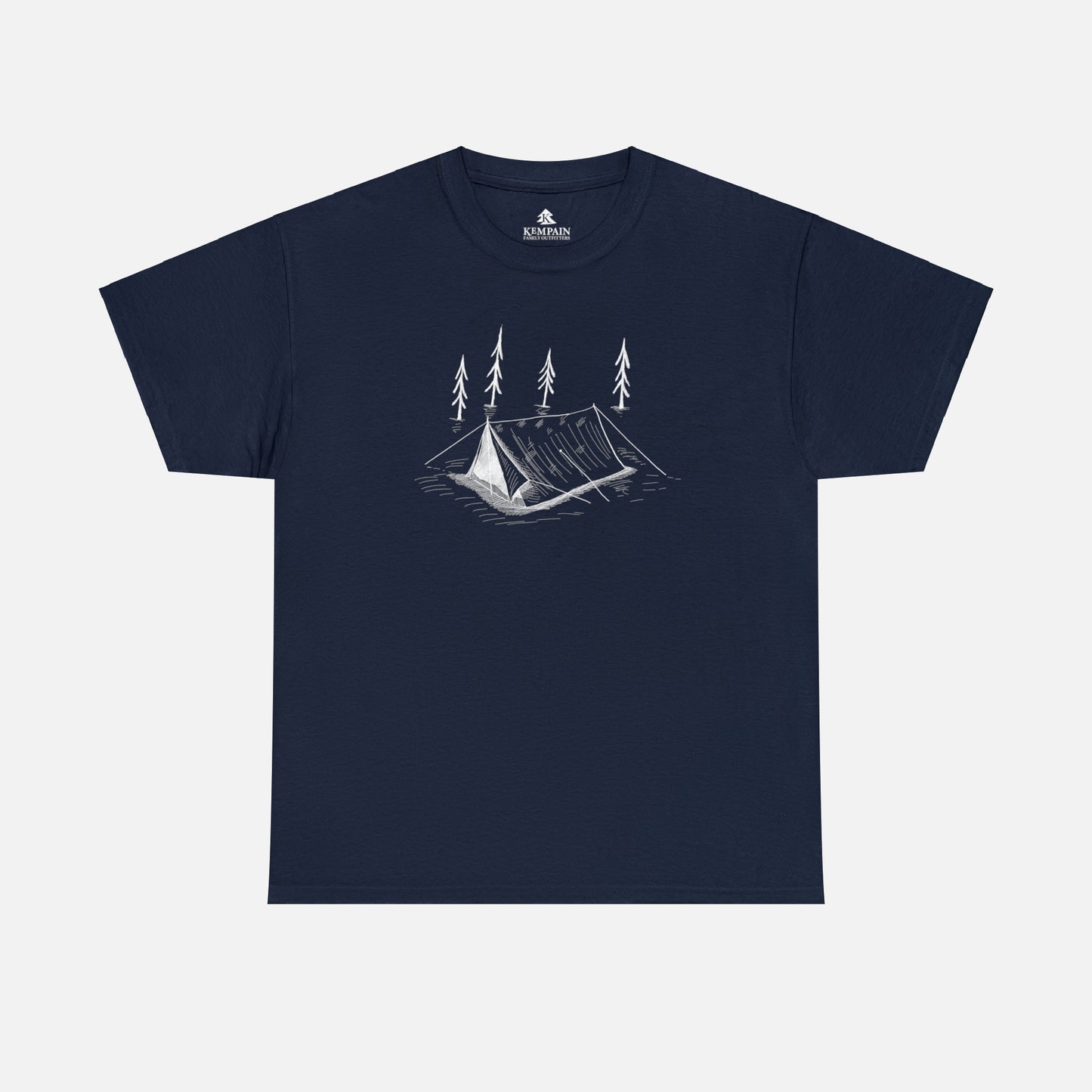 A navy blue t-shirt on white background featuring a Tent with trees in the woods for anyone that like tent camping.