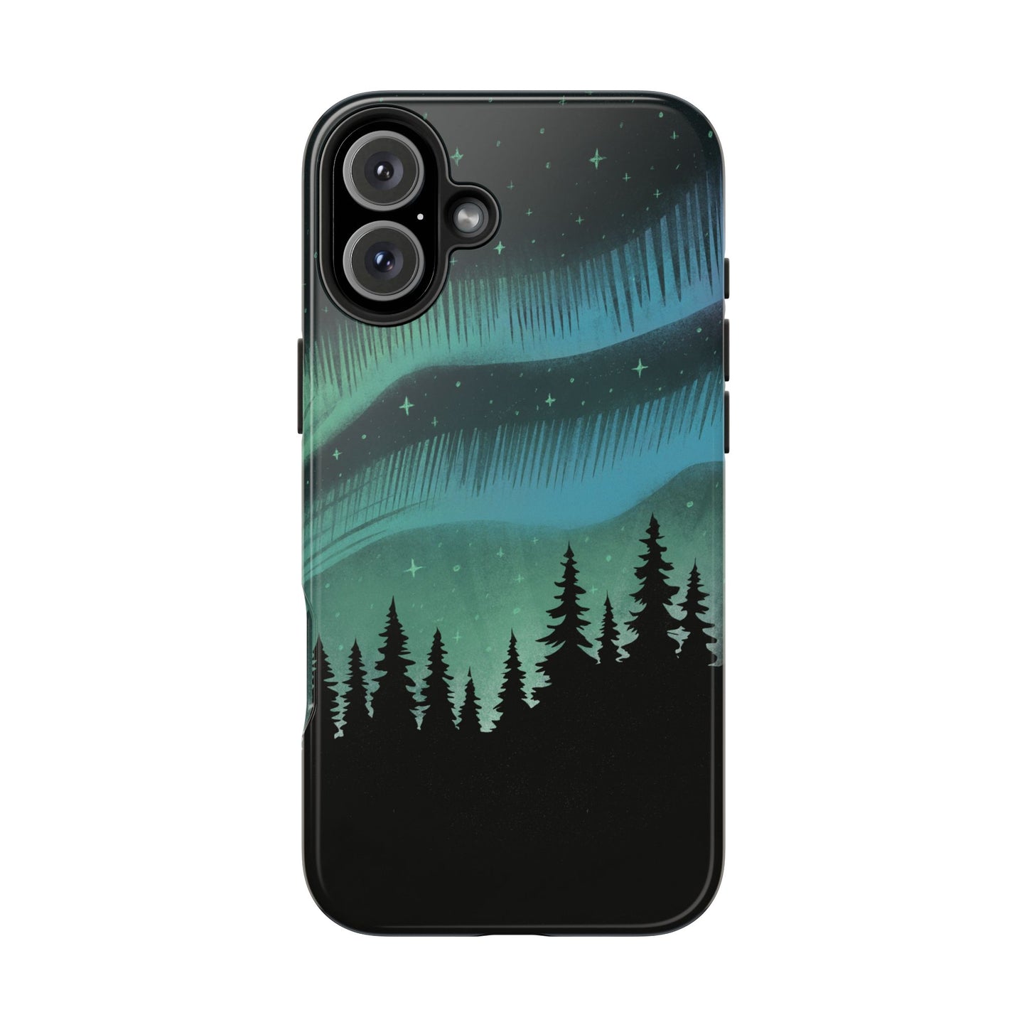 Aurora Borealis phone case with hand-drawn Northern Lights and pine tree illustration by Jordan Kempain for iPhone 16 Plus.
