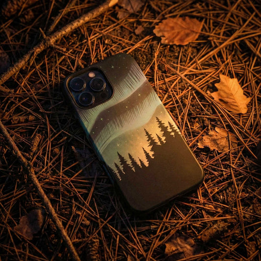 Aurora Borealis phone case with hand-drawn Northern Lights and pine tree illustration by Jordan Kempain photographed on a forest floor at night lit by firelight.
