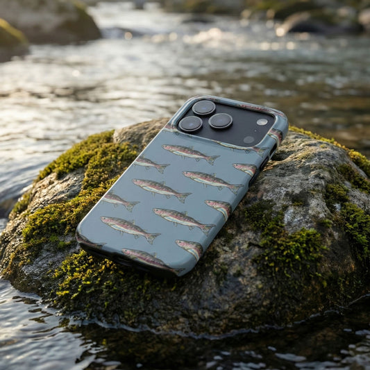 The Rainbow Trout Phone Case featuring illustrated rainbow trout pattern Kempain .