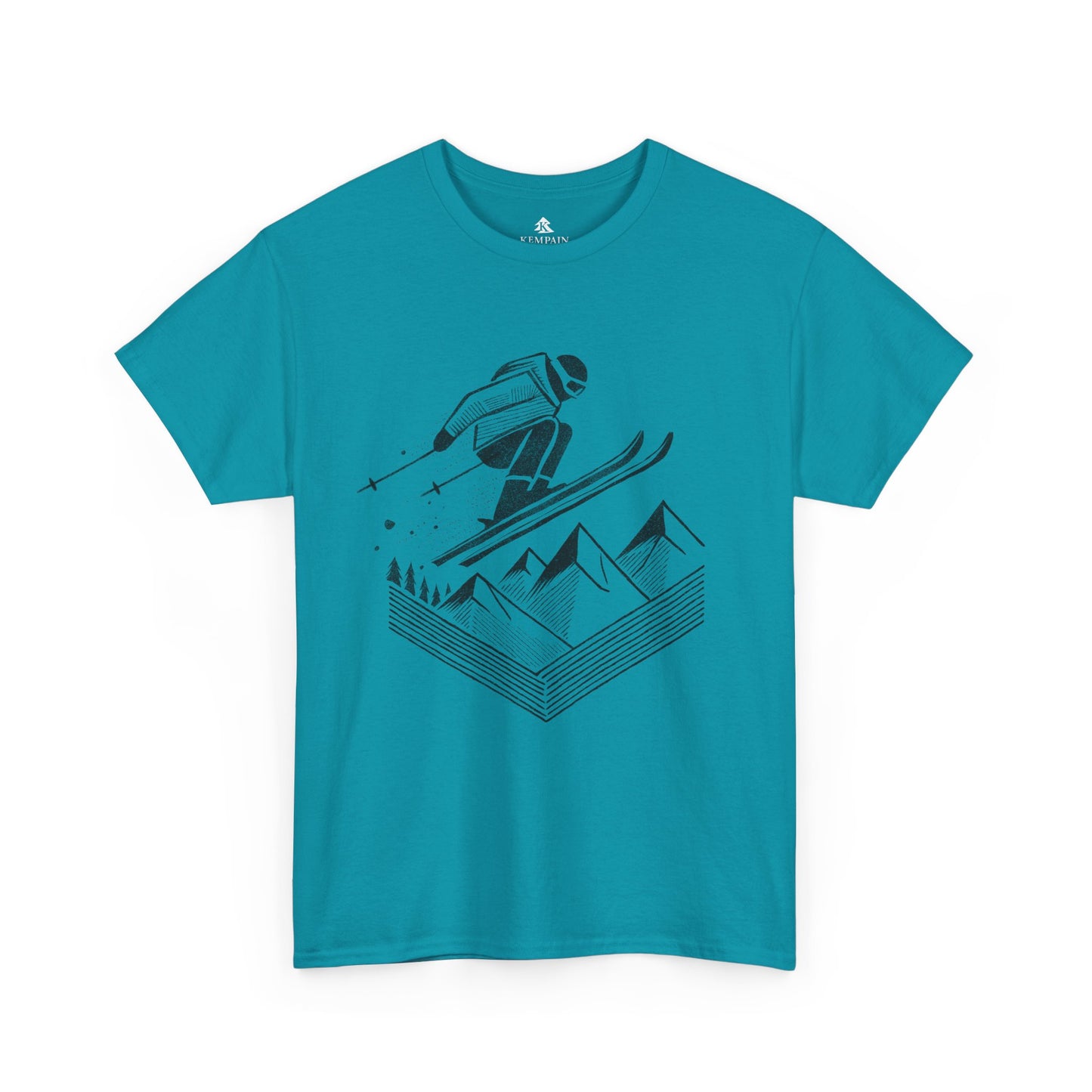 The Skier’s Drop 100 percent cotton Women’s T-Shirt by Kempain, Tropical Blue, available in sizes Small through 5XL.