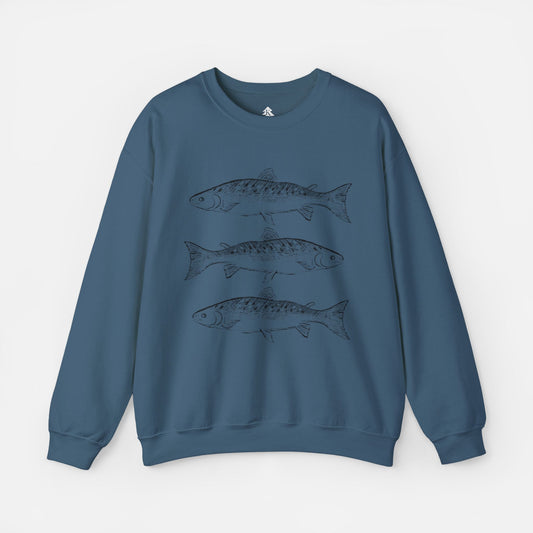 Rustic Trout Sweatshirt in blue on a white background, featuring a detailed trout illustration, perfect for anglers, fishermen, and outdoor enthusiasts.