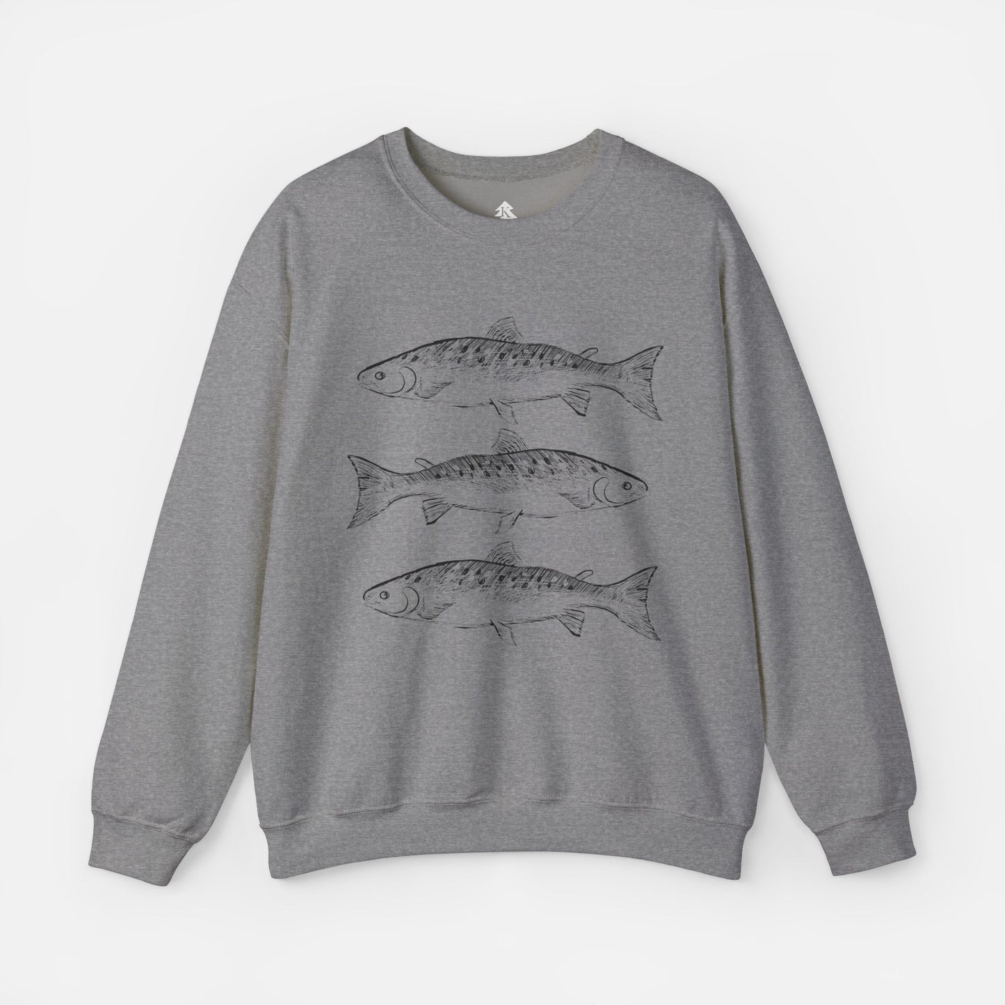 Rustic Trout Sweatshirt in gray on a white background, featuring a detailed trout illustration, perfect for anglers, fishermen, and outdoor enthusiasts.