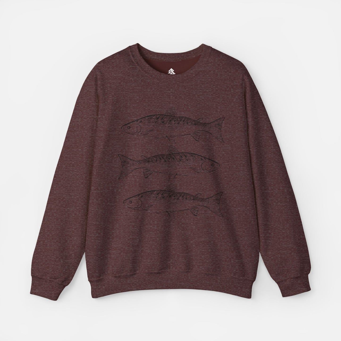 Rustic Trout Sweatshirt in maroon on a white background, featuring a detailed trout illustration, perfect for anglers, fishermen, and outdoor enthusiasts.