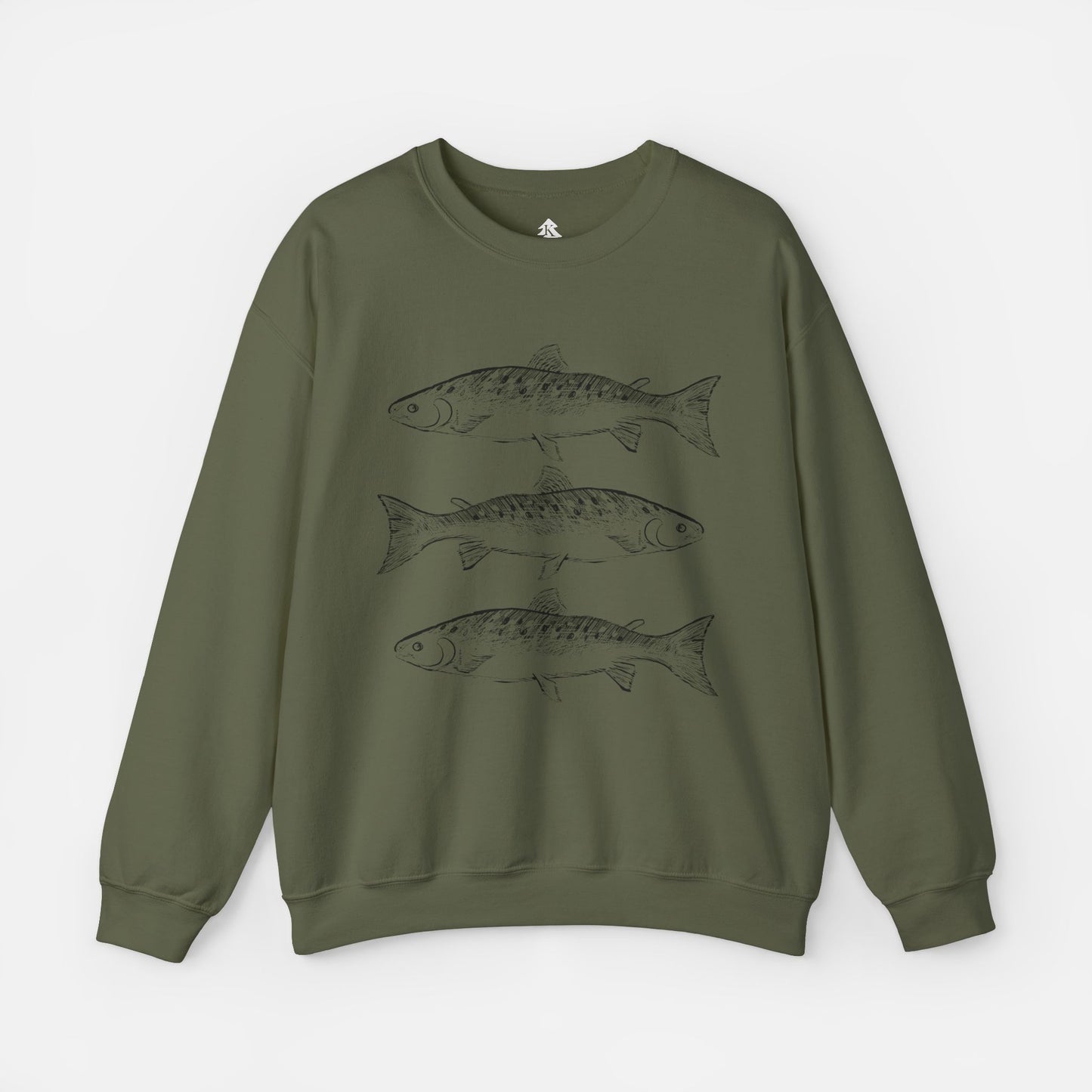 Rustic Trout Sweatshirt in military green on a white background, featuring a detailed trout illustration, perfect for anglers, fishermen, and outdoor enthusiasts.