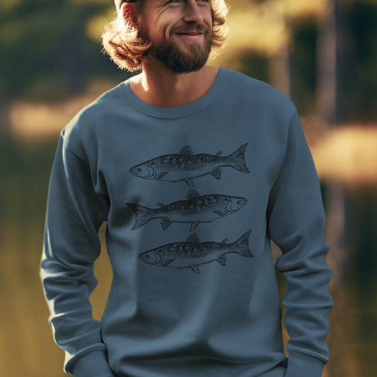 Model wearing Rustic Trout Sweatshirt, showcasing the cozy crewneck fit and rustic fishing-themed design, ideal for anglers and nature lovers.