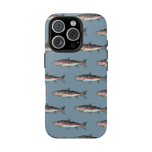 Front view of illustrated rainbow trout durable phone case for anglers on a white background.
