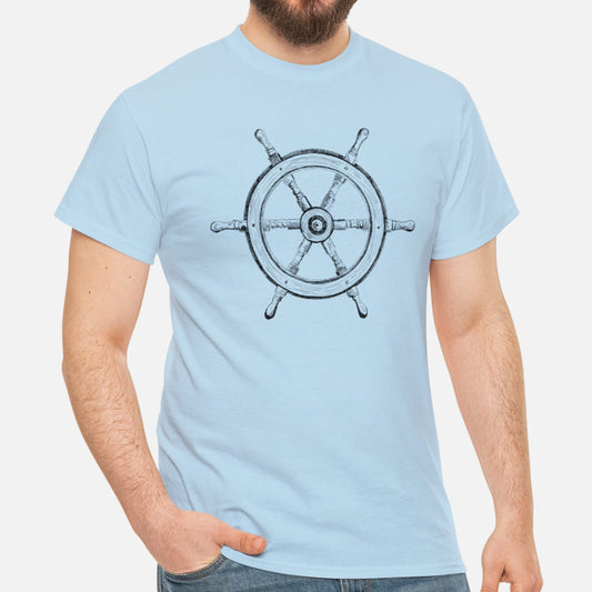 Vintage ship wheel graphic t-shirt in light blue on model.
