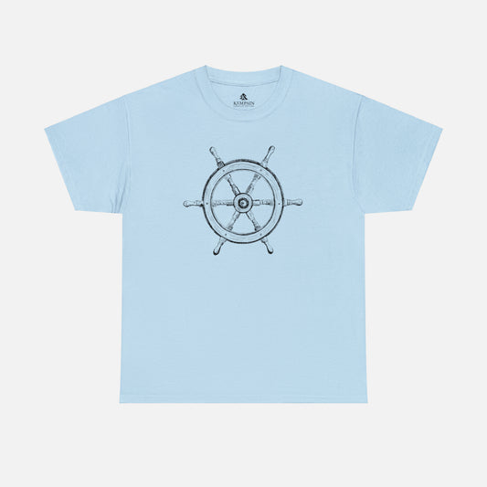 Vintage ship wheel graphic t-shirt in light blue on what background.