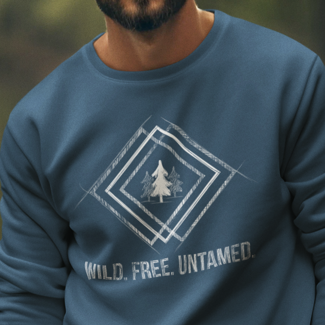Model wearing Wild. Free. Untamed. Rustic Crewneck Sweatshirt, showcasing its cozy fit and nature-inspired sketch design, perfect for adventurers and free spirits.
