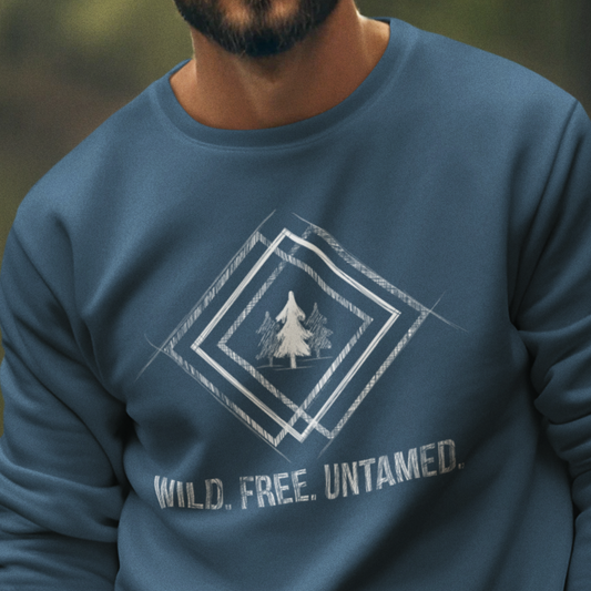 Model wearing Wild. Free. Untamed. Rustic Crewneck Sweatshirt, showcasing its cozy fit and nature-inspired sketch design, perfect for adventurers and free spirits.
