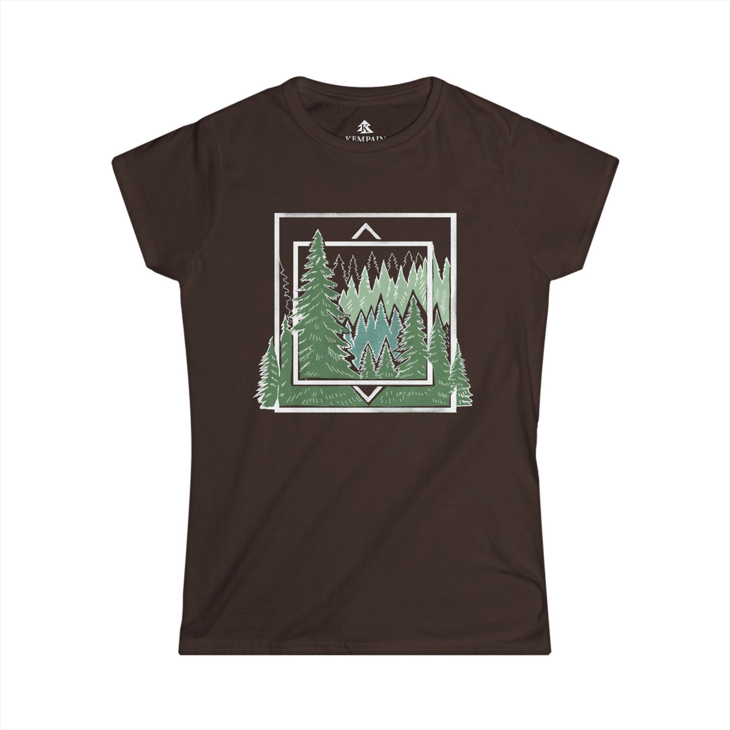 Ancient Pine Tree Women’s T-Shirt dark chocolate displayed flat on a white background, showcasing its nature-inspired geometric design.