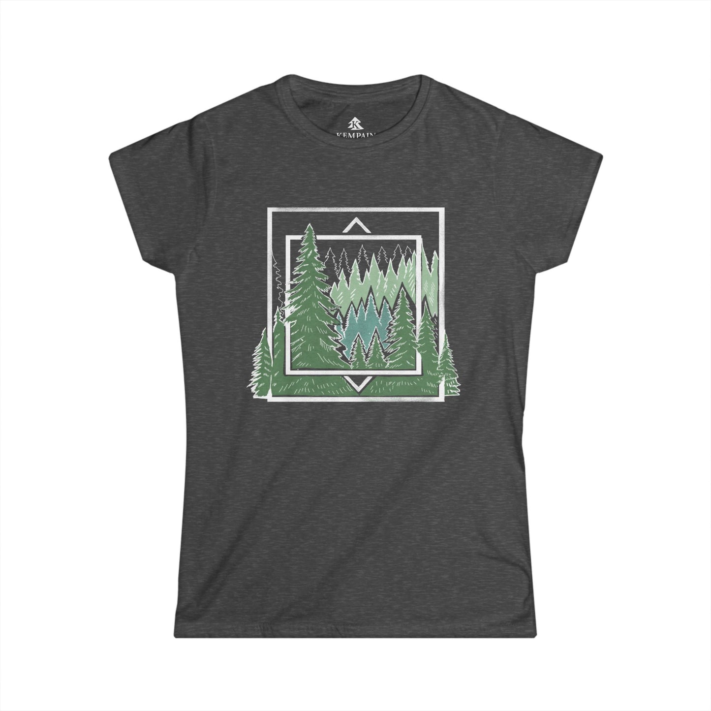 Ancient Pine Tree Women’s T-Shirt Dark Heather displayed flat on a white background, showcasing its nature-inspired geometric design.