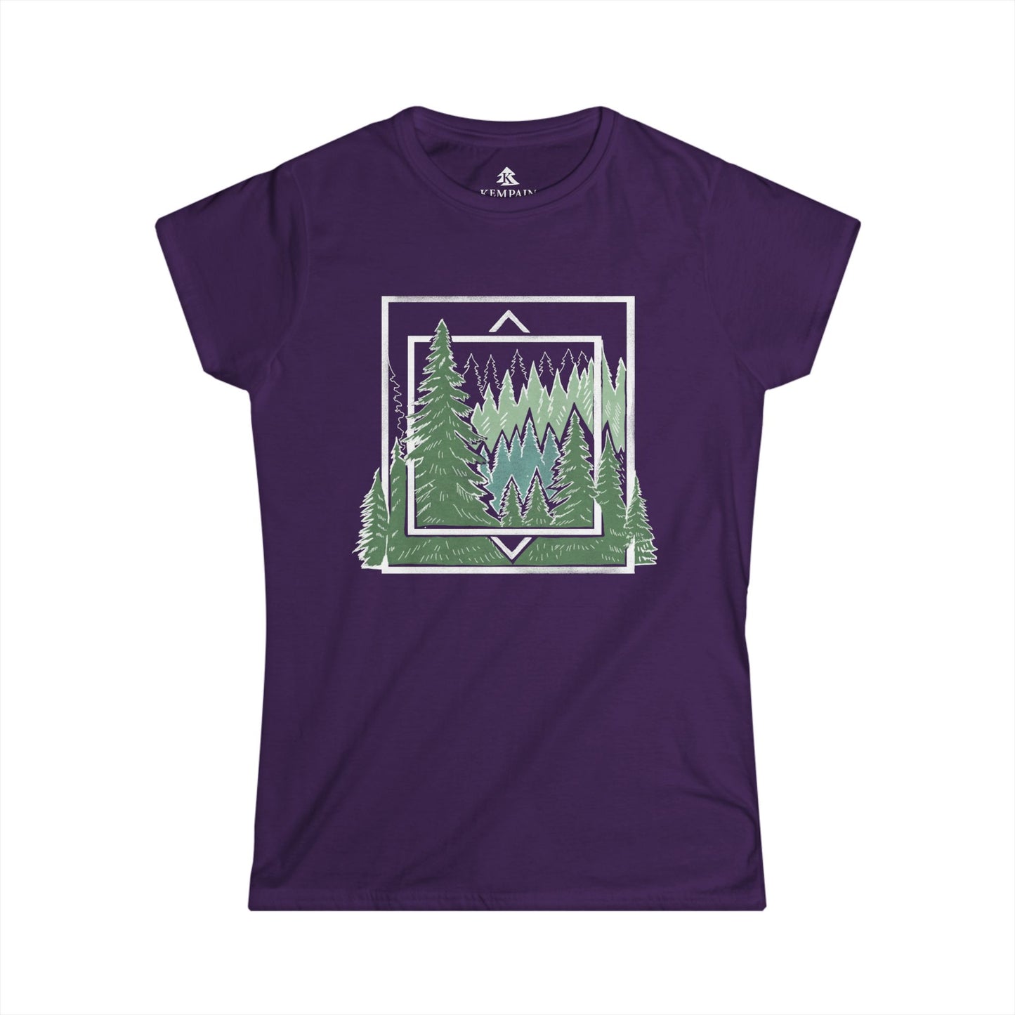 Ancient Pine Tree Women’s T-Shirt purple displayed flat on a white background, showcasing its nature-inspired geometric design.