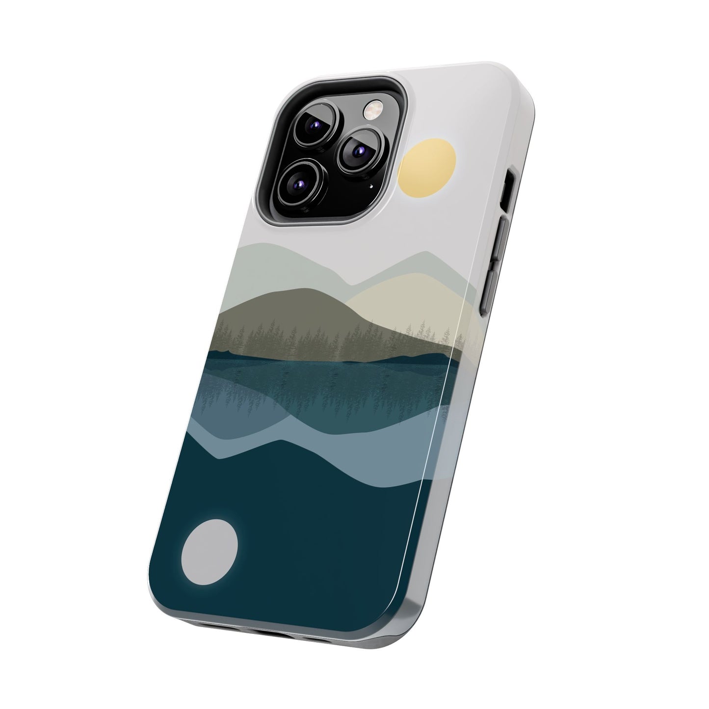Phone case featuring an abstract illustration of a mountain reflected on a lake, compatible with iPhone and Samsung models, perfect for nature enthusiasts and adventurers.