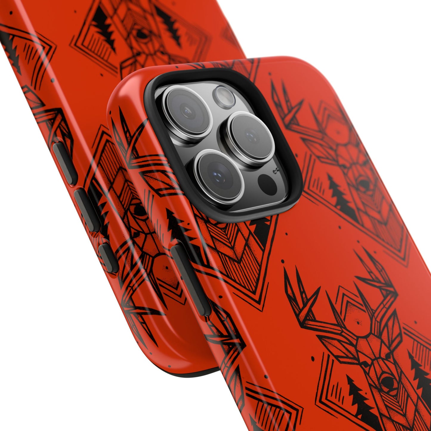 Angle view of Antler Buck pattern iPhone Case in orange, front view on a white background, featuring a bold antler and buck design for hunters. Buck is framed by pine trees and geometric shape with hand drawn design.