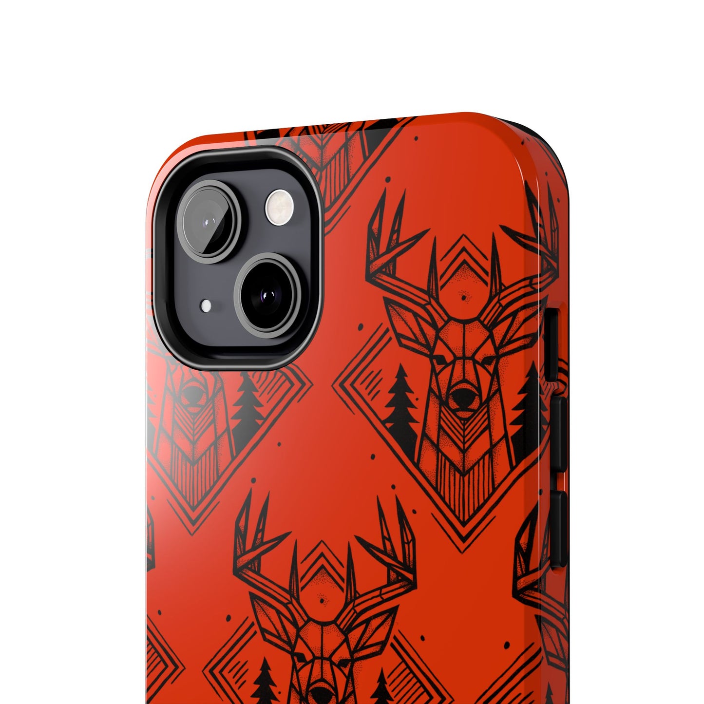 Top view of Antler Buck pattern iPhone Case in orange, front view on a white background, featuring a bold antler and buck design for hunters. Buck is framed by pine trees and geometric shape with hand drawn design.