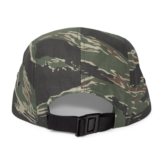 Back view of the Antler & Pine camo 5-panel hat on a white background, showing adjustable strap and low-profile structure designed for comfort and outdoor use.
