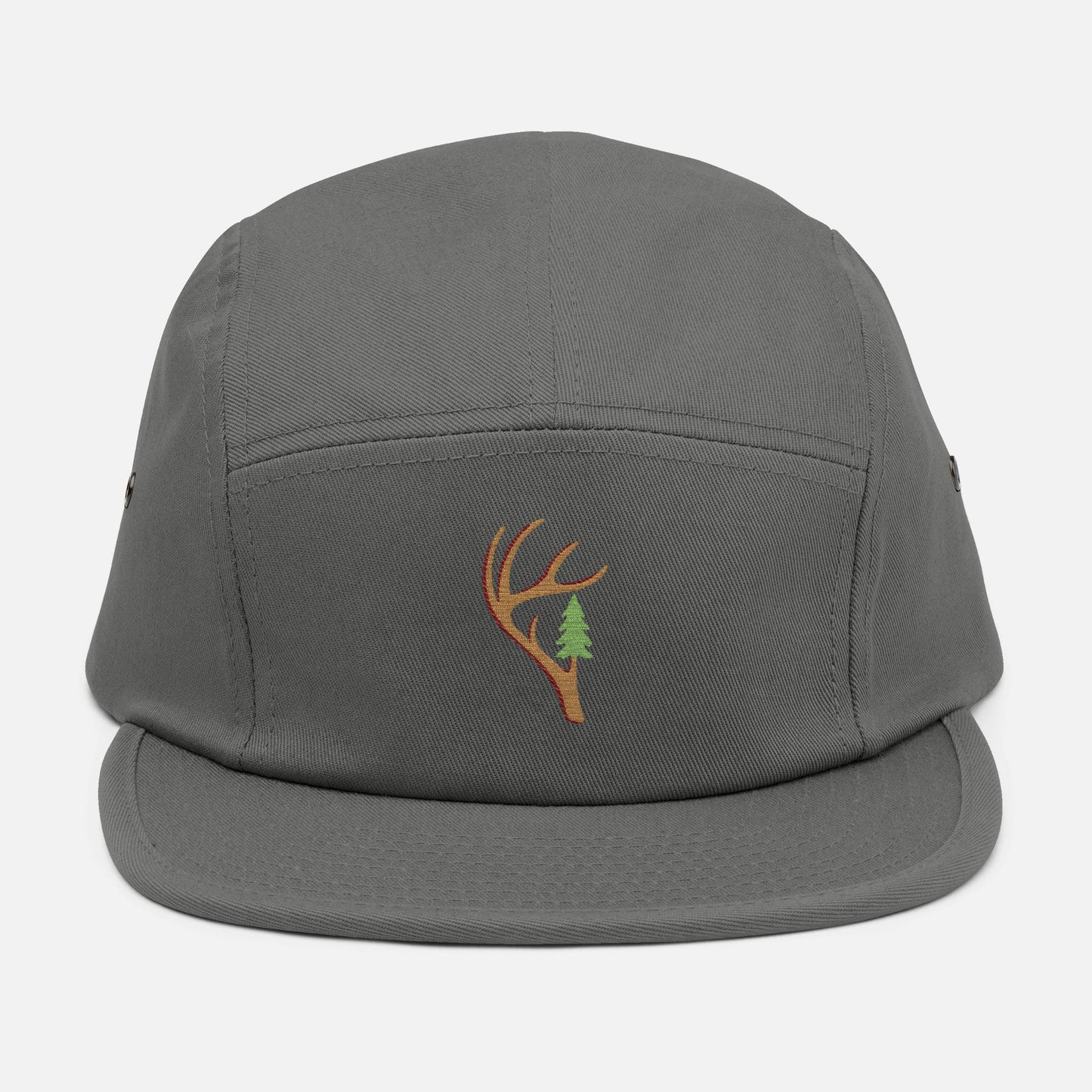 Front view of the Antler & Pine embroidered 5-panel grey hat on a white background, featuring a unique antler turning into a pine tree design centered on the panel.