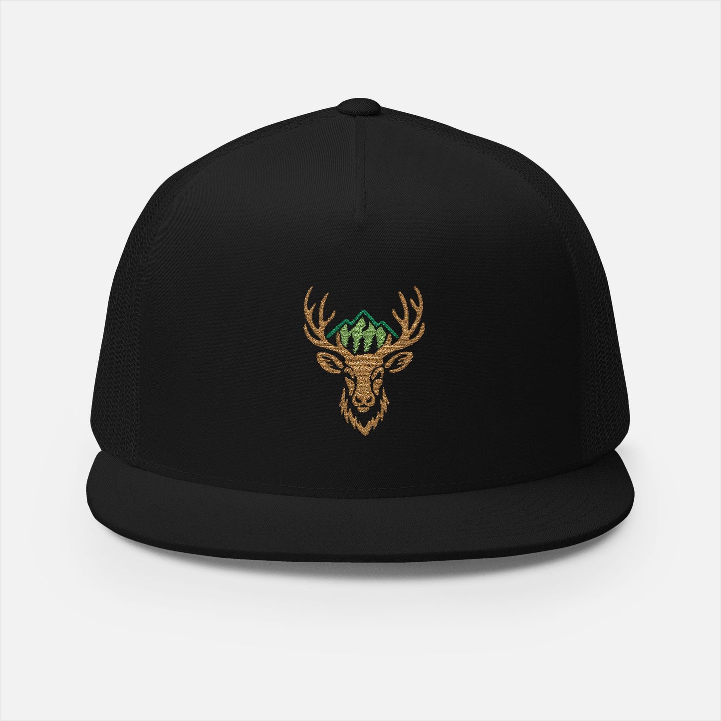 Front view of the Antlered Deer Head Trucker Cap in black on a white background, featuring an embroidered design of a majestic deer head with antlers framed by mountains and pine trees.