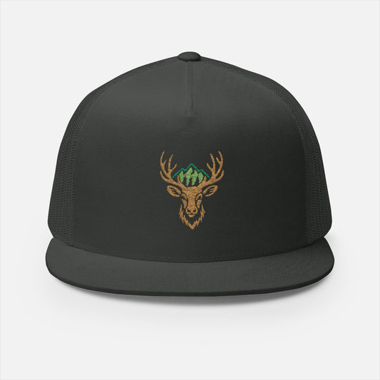 Front view of the Antlered Deer Head Trucker Cap in charcoal on a white background, featuring an embroidered design of a majestic deer head with antlers framed by mountains and pine trees.