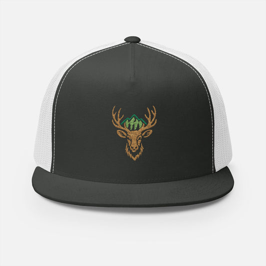 Front view of the Antlered Deer Head Trucker Cap on a white background, featuring an embroidered design of a majestic deer head with antlers framed by mountains and pine trees.