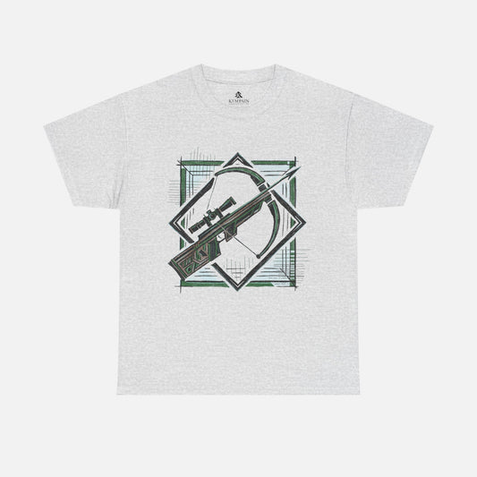 Ash Geometric Crossbow T-Shirt displayed flat on a white background, highlighting its modern archery-inspired design.
