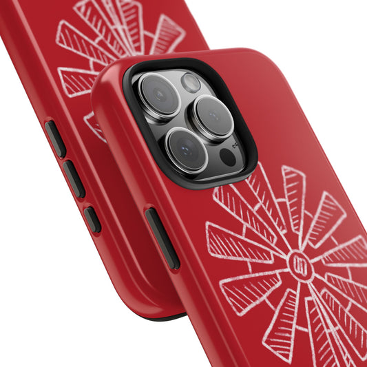 Close-up angled view of Barn Red Weather Vane Phone Case highlighting glossy finish and precise white line illustration on red background.