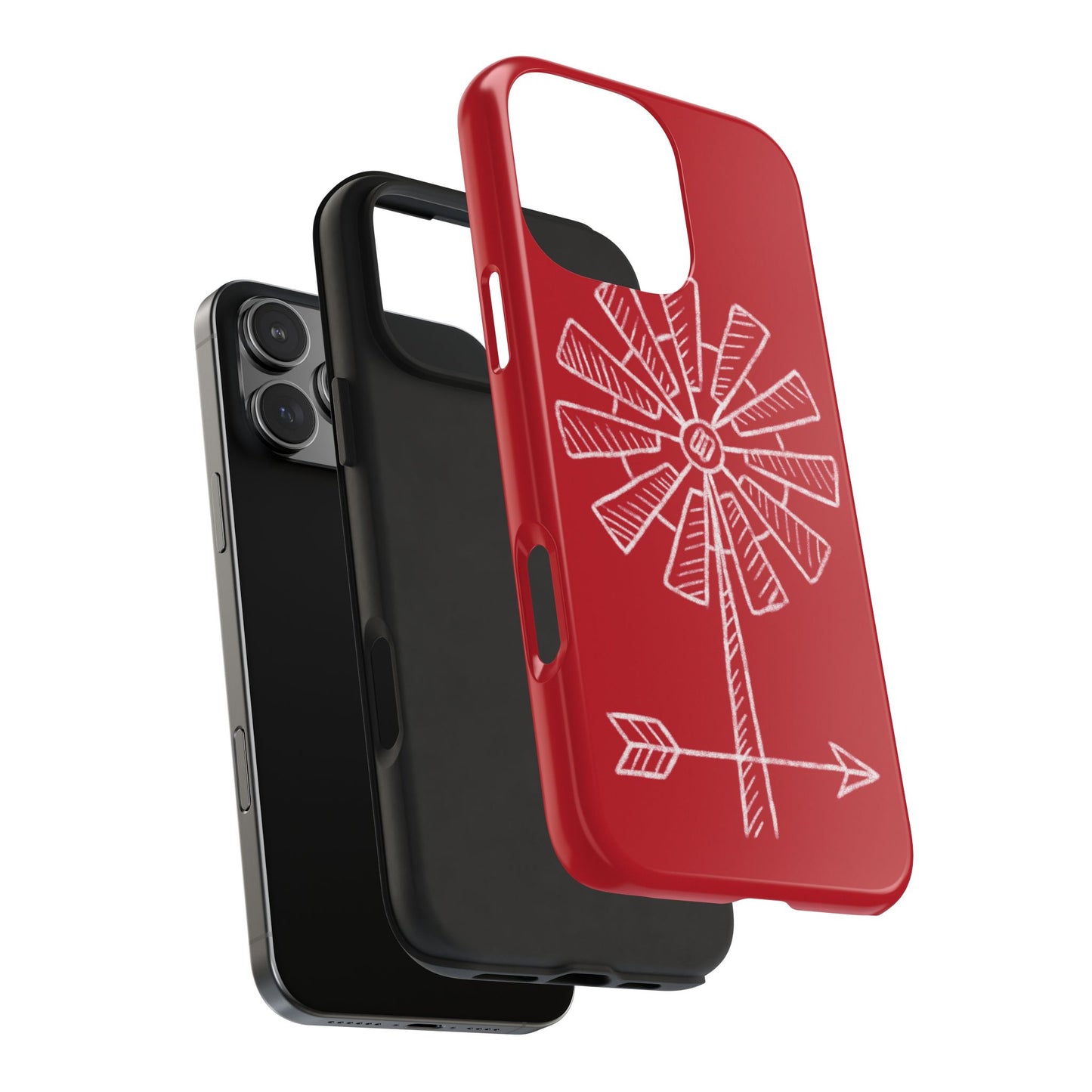 Exploded view of Barn Red Weather Vane Phone Case showing impact-resistant outer shell and black shock-absorbing rubber liner.