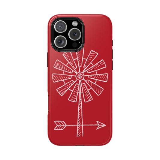 Front view of Barn Red Weather Vane Phone Case on white background, featuring white line art of a weather vane on a deep red background.