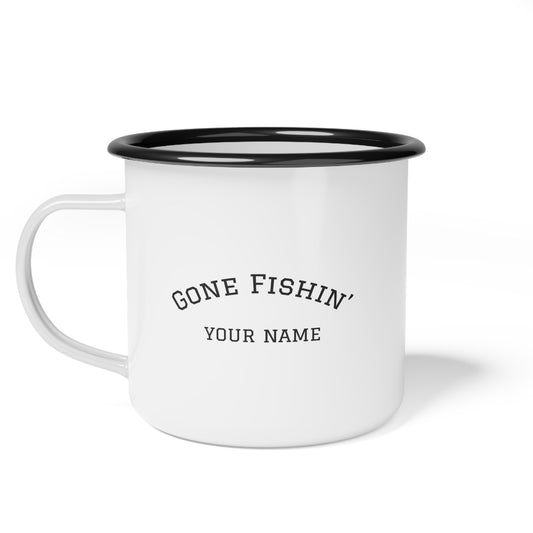 Personalized enamel camping mug showing custom text side with "Gone Fishin Your Name”.