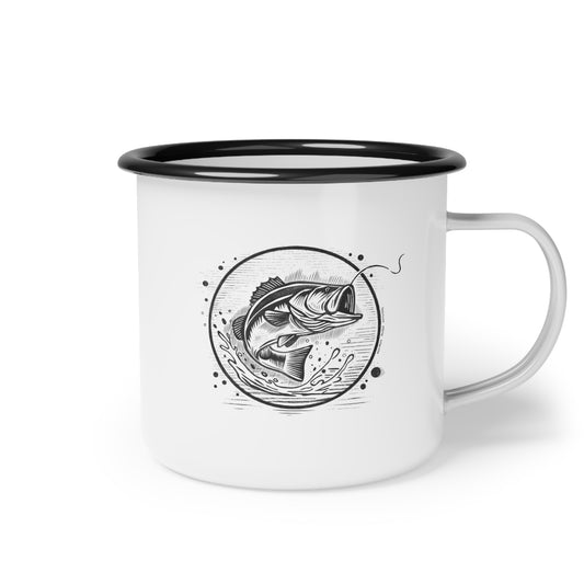 White enamel mug with black rim and handle, featuring a fish illustration on a white background