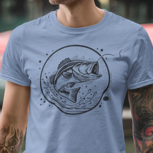 Model wearing Bass Jumping Geometric Tee, featuring a bold geometric bass illustration leaping out of the water, perfect for fishing enthusiasts and anglers.