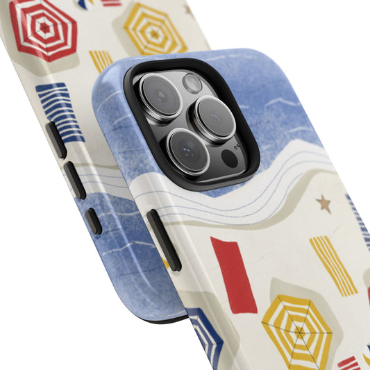 Angled close-up of Beach Umbrellas Phone Case highlighting the glossy finish and detailed summer-themed artwork.