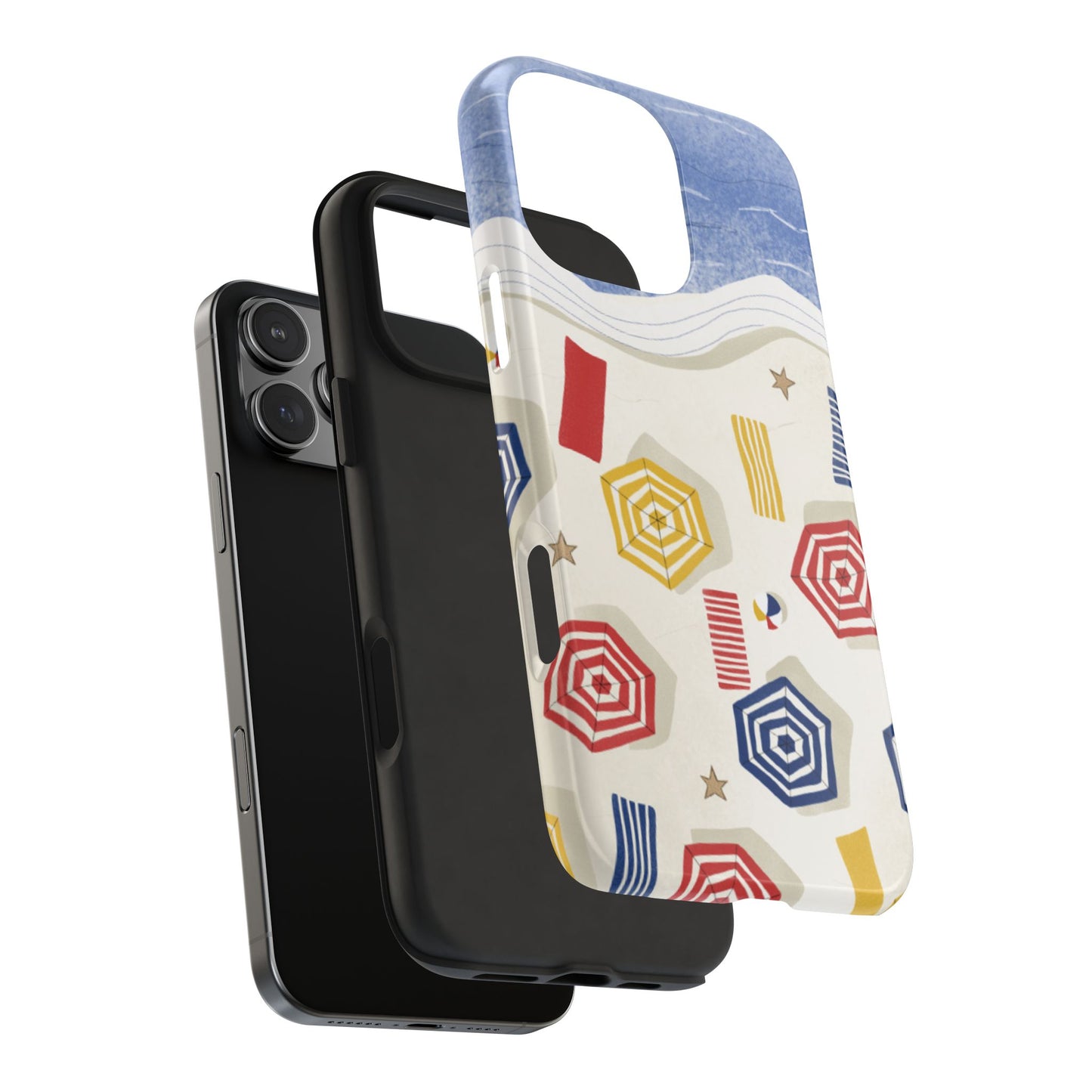 Exploded view of Beach Umbrellas Phone Case showing the impact-resistant shell and inner rubber liner, designed for premium protection.