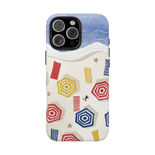 Front view of Beach Umbrellas Phone Case on white background, featuring a vibrant illustrated aerial scene of colorful umbrellas and beach towels.
