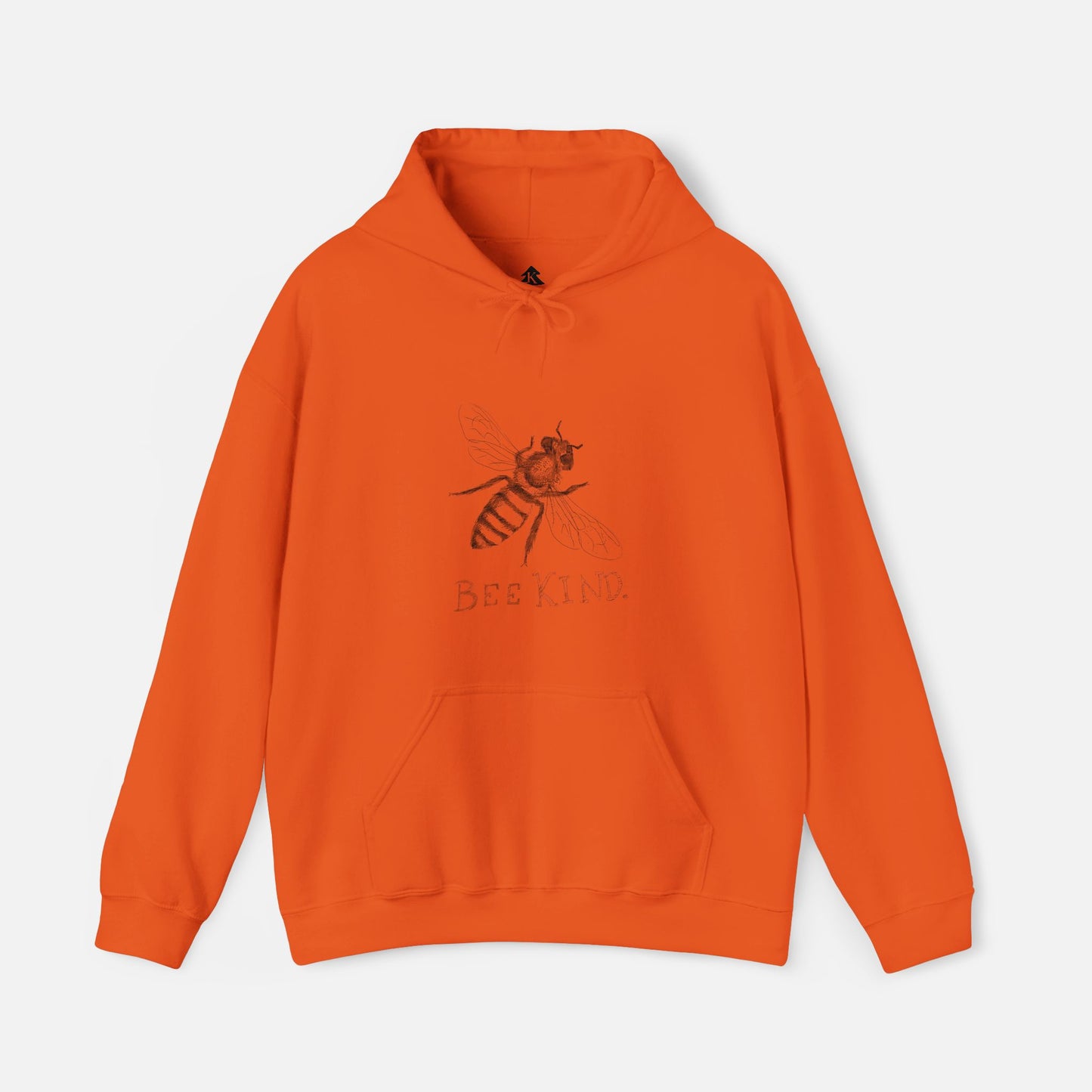Orange Bee Kind hoodie with illustrated bee design on a white background, cute graphic sweatshirt for nature lovers and kindness gifts.