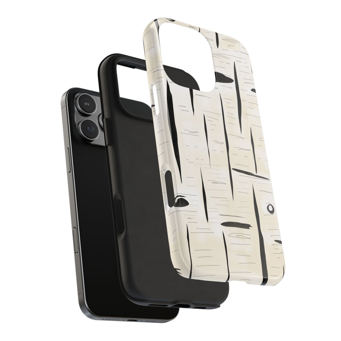 Exploded view of birch bark phone case showing durable hard shell and flexible inner liner for shock absorption.