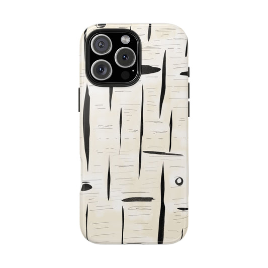 Front view of birch bark pattern phone case with glossy UV-protected finish and rugged natural texture.
