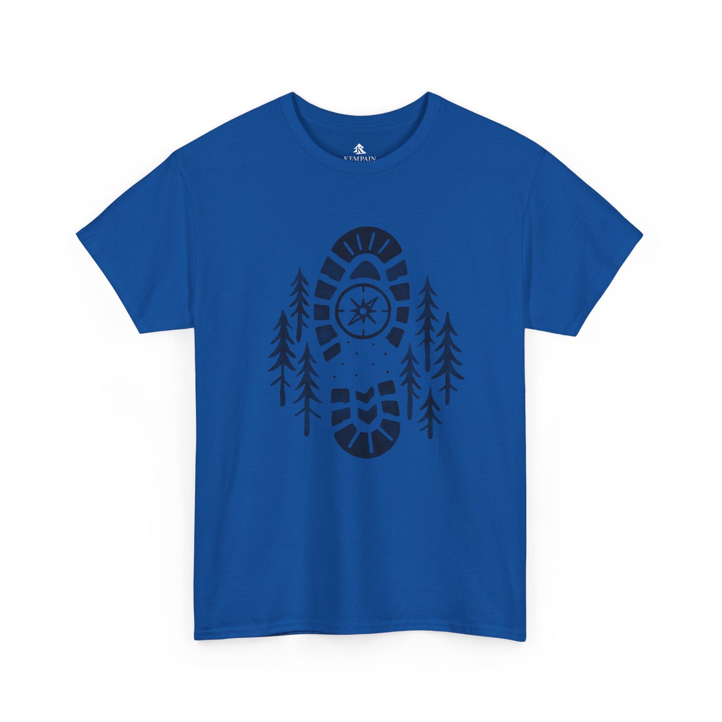 Royal Blue Boot Print Compass Forest T-Shirt worn by model in a pine forest setting, showcasing rugged hiking design for nature lovers.