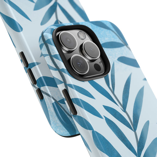 Angled close-up of Blue Leaf Phone Case highlighting the glossy UV-protected finish and delicate watercolor-inspired botanical design.