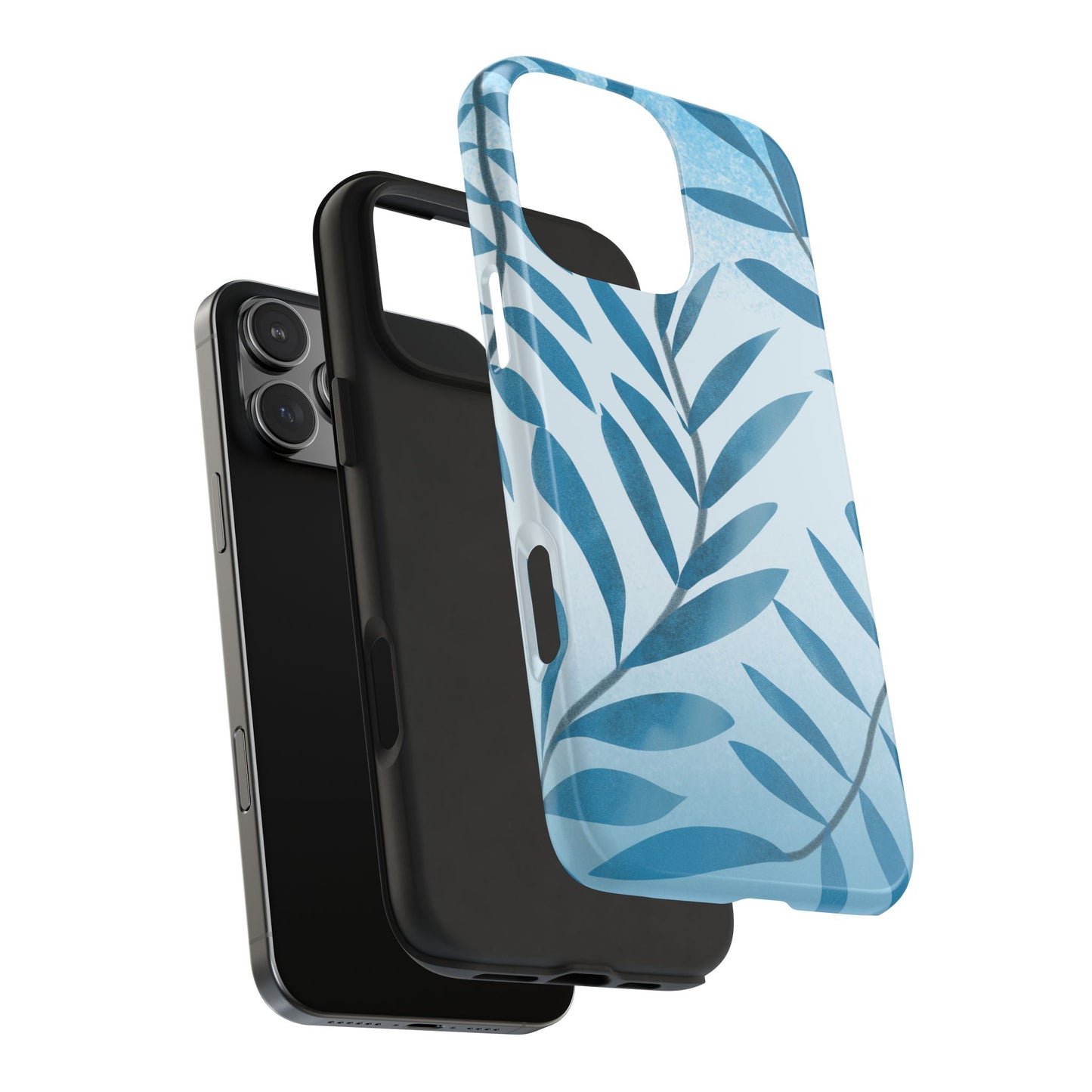 Exploded view of Blue Leaf Phone Case showing the durable Lexan outer shell and flexible inner rubber liner designed for strong impact protection.