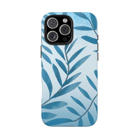 Front view of Blue Leaf Phone Case on white background, featuring a minimalist layered leaf pattern in calming shades of blue with a soft botanical aesthetic.