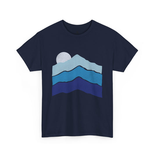 Blue Mountain Ridge Fade T-Shirt laid flat on white background, front view, in navy blue