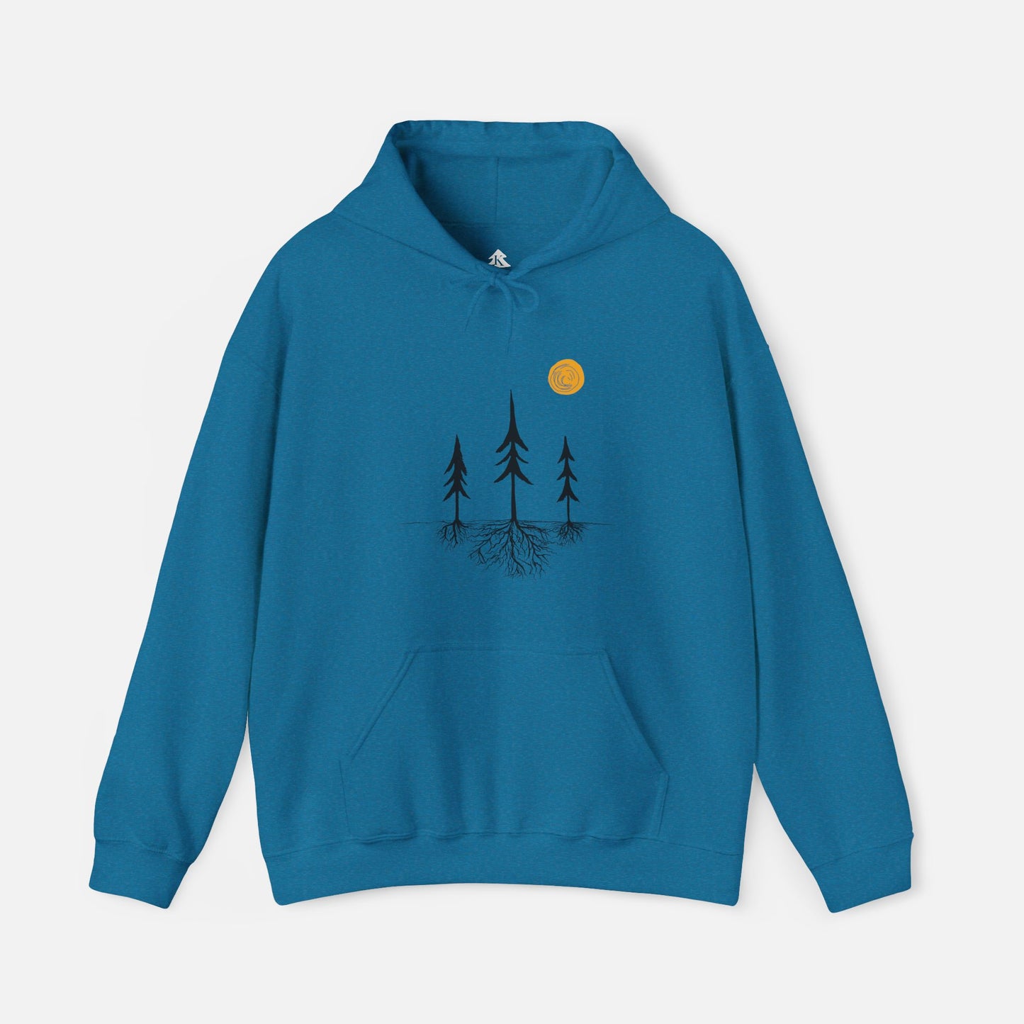 Blue-colored nature-inspired hoodie featuring a tree silhouette with exposed roots and a sun design. Unisex pullover sweatshirt displayed on a white background, showcasing minimalist outdoor apparel for forest lovers and hikers.