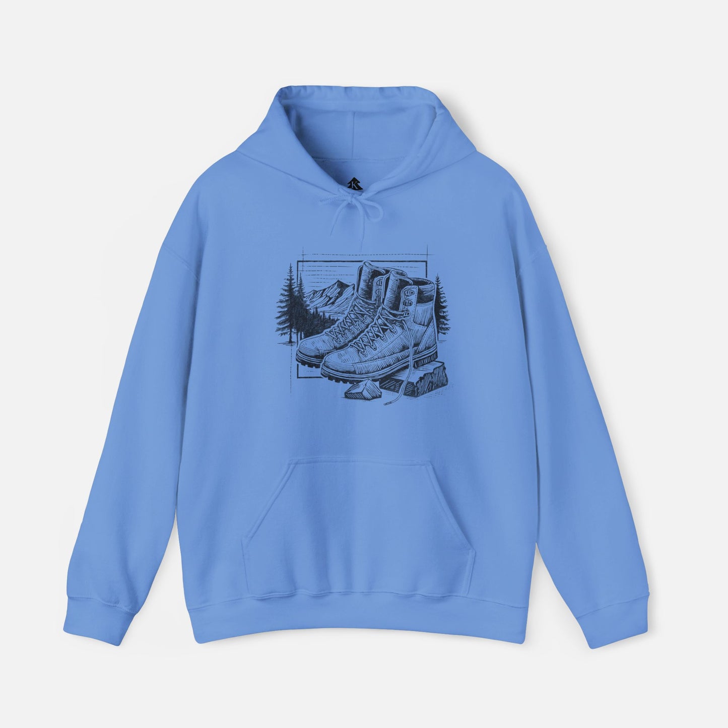 Trek & Trail Hoodie in blue color displayed on a white background, showcasing the detailed hiking boot and trail illustration.